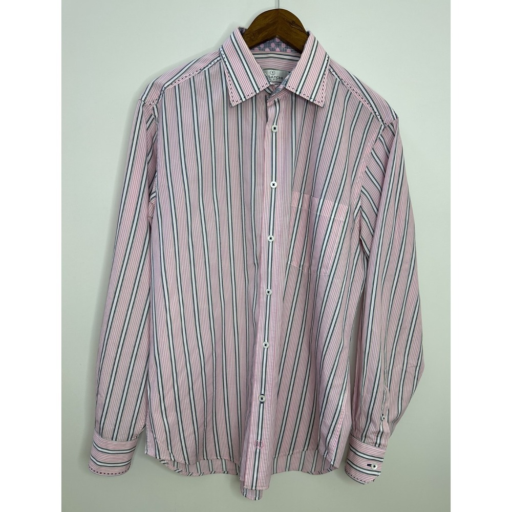 Bugatchi Uomo Pink White Striped Cotton Long Sleeve Button Down Shirt Mens Large - Picture 2 of 12